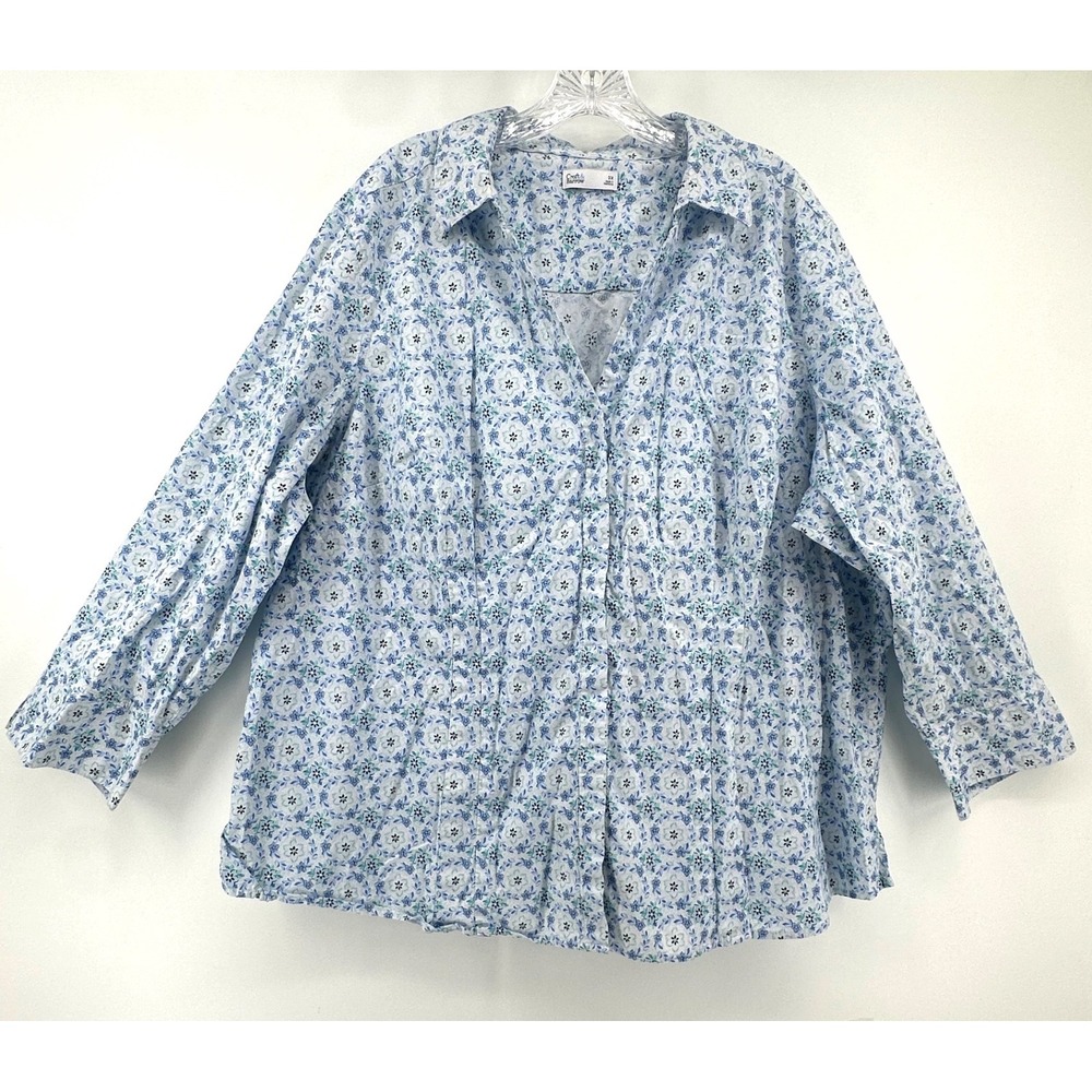 Croft & Barrow Womens 3X Blue Floral Button Down Shirt Cotton Stretch